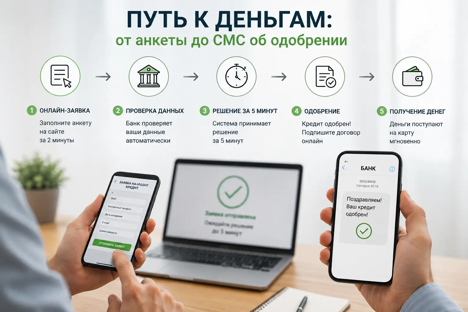 Кредит с онлайн-заявкой: как получить одобрение за 5 минут без визита в банк Путь к деньгам: от анкеты до СМС об одобрении