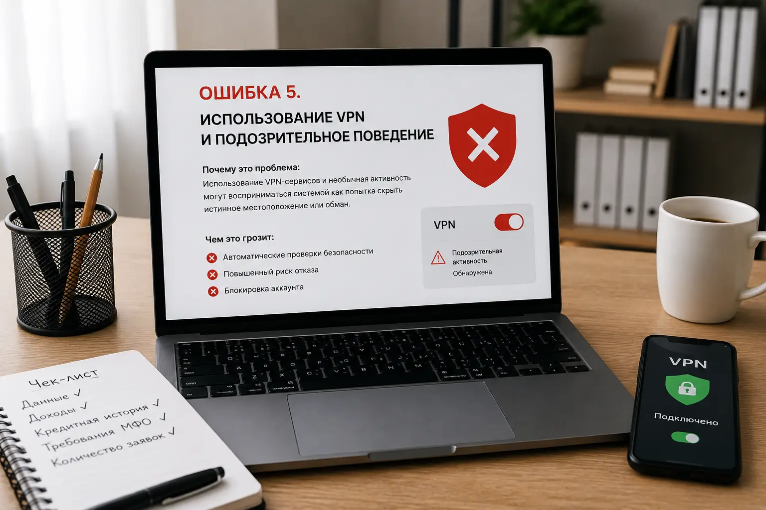 Топ-5 ошибок при оформлении онлайн-займа, которые ведут к отказу Ошибка 5. Использование VPN и подозрительное поведение